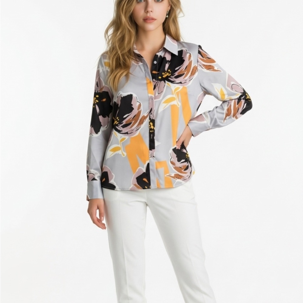 STYLEWE Floral Button-Down Shirt in Gray, Black & Yellow